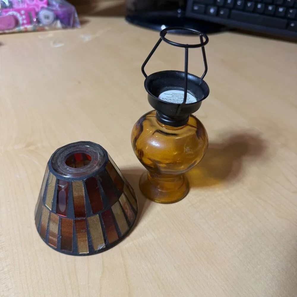 Vintage Amber Glass Mini Tea Light Lamp with Mosaic Brown Tone Lampshade